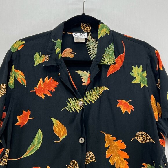 Clio Petites Vintage Shirt Sz PL Short Sleeve Button Up Fall Leaf Made USA Black - Picture 3 of 11